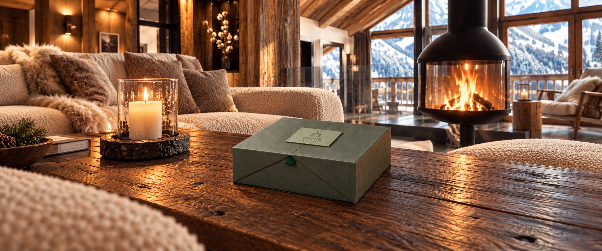 Pure Wellness in-room wellness gift box on a chalet coffee table by the fireplace